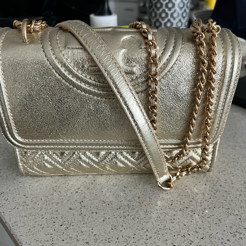 Tory Burch Small Fleming Convertible Shoulder Bag Gold Leather